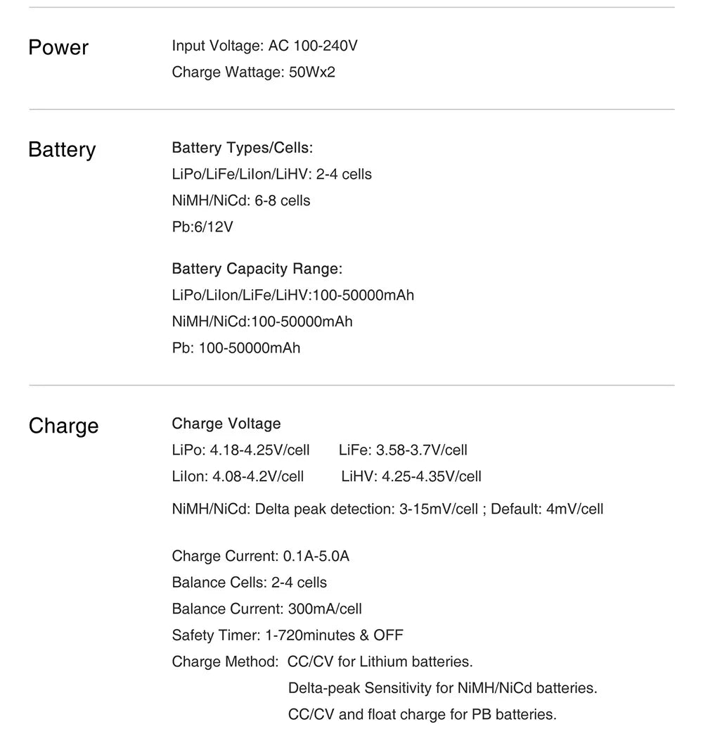 Multi AC Lipo Bateria Balance Carregador Dual 5A 2X50W 2-4S Carga para NiMH / NiCd / LiPo / LiFe / Lilon / LiHV / Pb battery