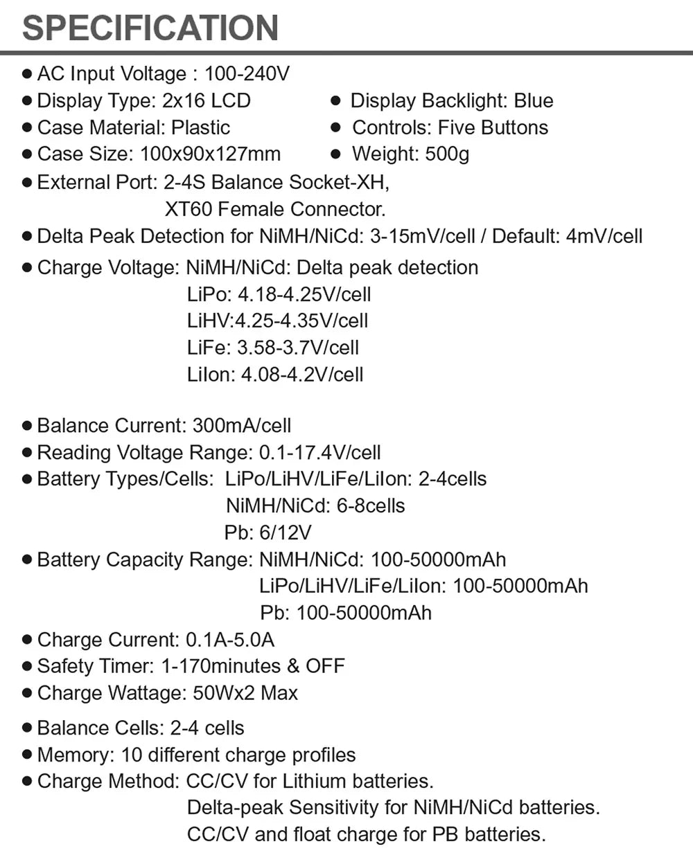 Multi AC Lipo Bateria Balance Carregador Dual 5A 2X50W 2-4S Carga para NiMH / NiCd / LiPo / LiFe / Lilon / LiHV / Pb battery